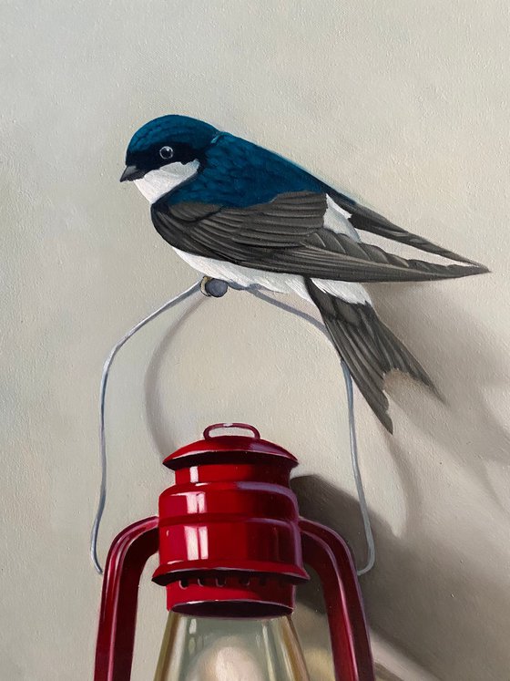 Still life with bird and lamp (30x50cm, oil painting, ready to hang)