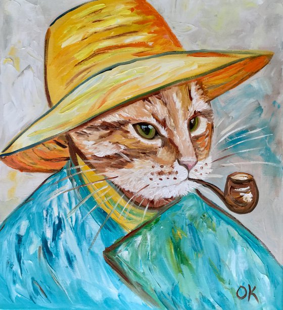 Creative Cat La Vincent Van Goghwith a pipe  oil painting for cat lovers