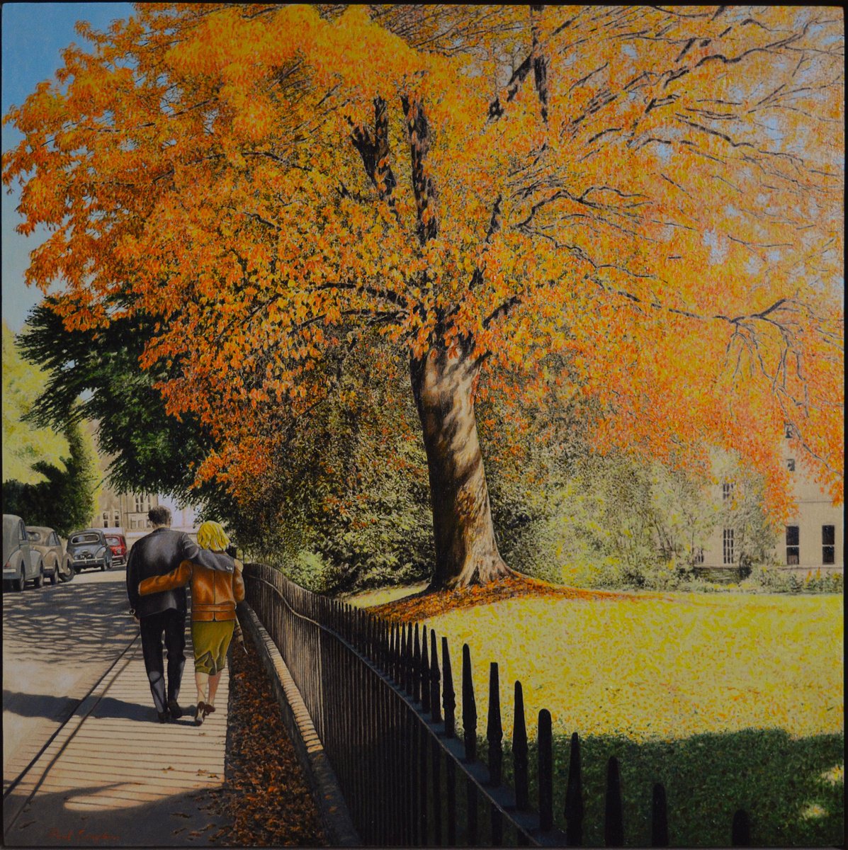 Cityscapes Oil Painting By Paul Simpkins, 18 X 18", Autumn Sun, Bath (C.1959), Original Artwork