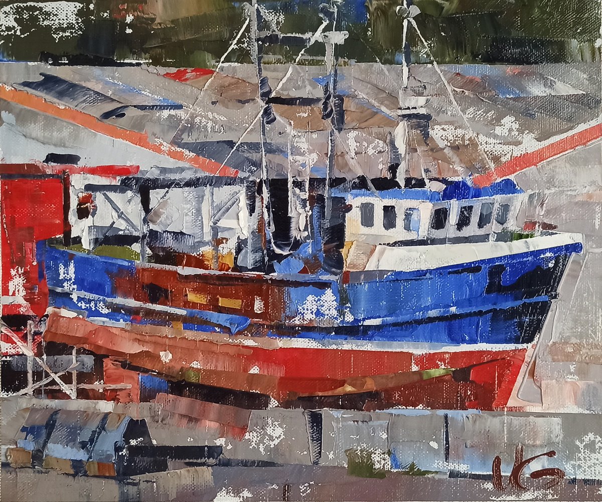 Impressionistic Landscape Oil Painting By Volodymyr Glukhomanyuk, 12 X 10", Series Fishing Boats #6, Original Artwork