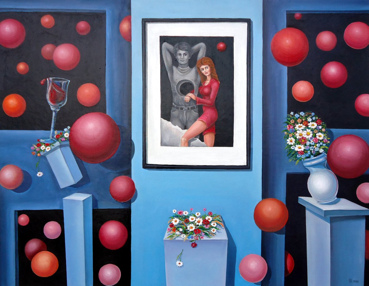 Surrealistic Portrait Oil Painting By Grigor Velev, 35 X 28, Love Is All Around, Original Artwork