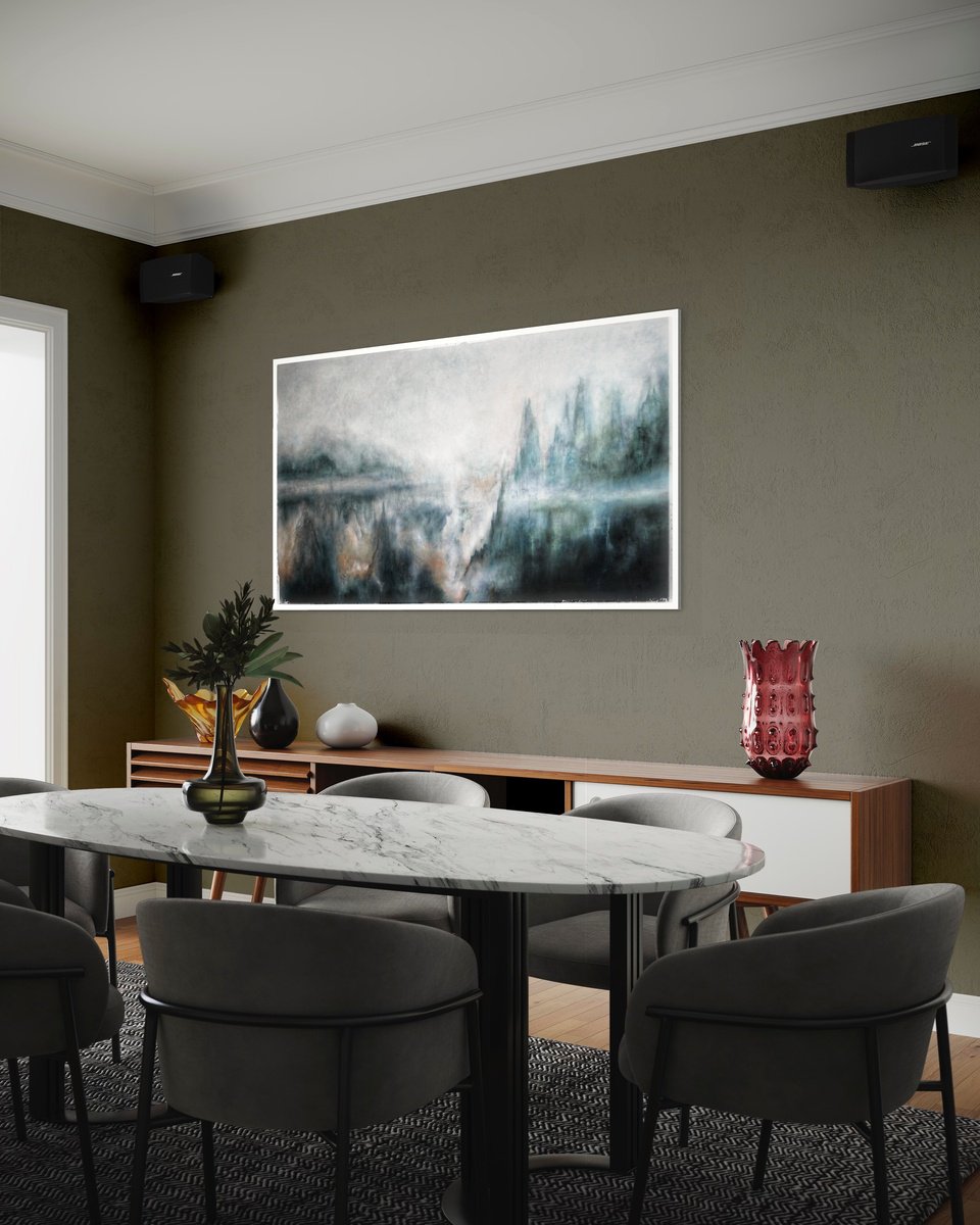 Organic Abstract Oil Painting By Renata Retrova, 71 X 39", Misty Mountains, Original Artwork