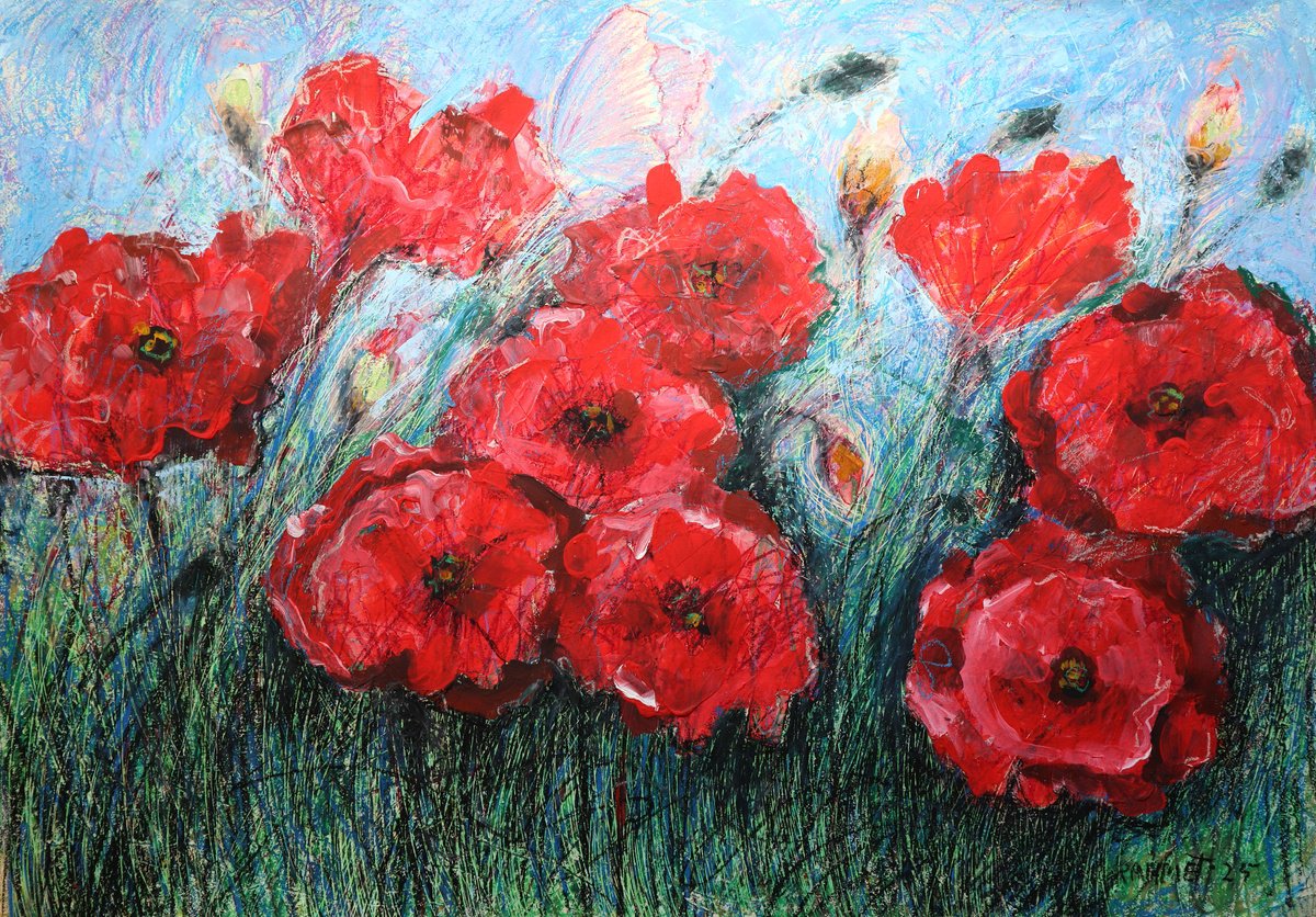 Impressionistic Botanical Acrylic Painting By Rakhmet Redzhepov, 34 X 24", Poppies Red 2, Original Artwork