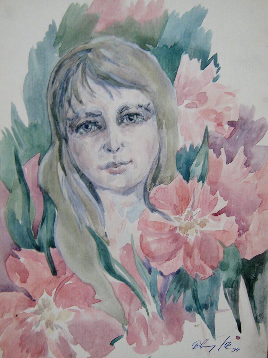 Impressionistic Portrait Watercolour By Valeriy Savenets-1, 7 X 10", Peony, Original Artwork