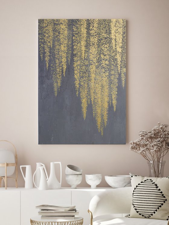 "White Wisteria 3" Gold flower abstract art