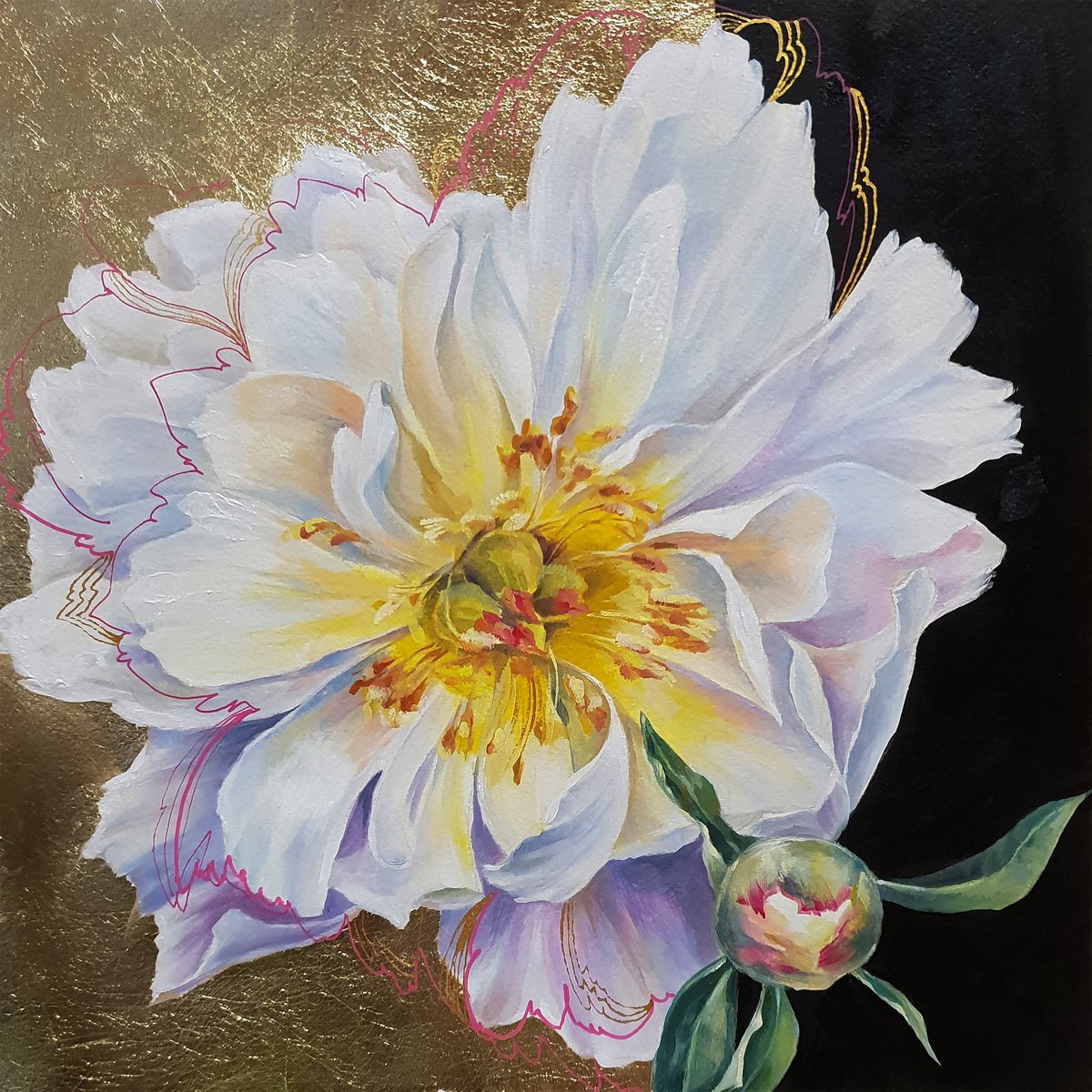 White peony - oil painting, delicate flowers, gift idea, peonies, original gift by Elena Smurova