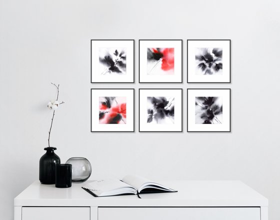 Black ans red abstract flowers Set of 6