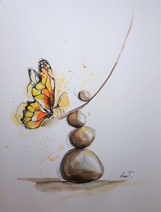 Zen with butterfly. Fragile moment