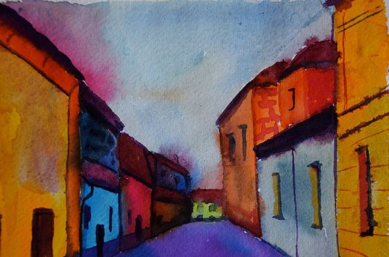 Original watercolor painting on craft paper Prague Golden Street