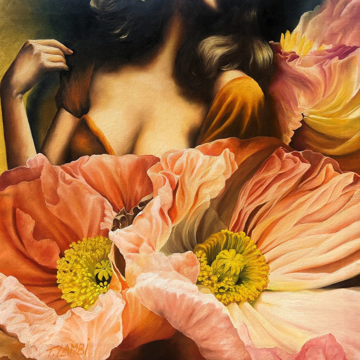Photorealistic Botanical Oil Painting By Trisha Lambi, 30 X 30", The Poppies Dance, Original Artwork
