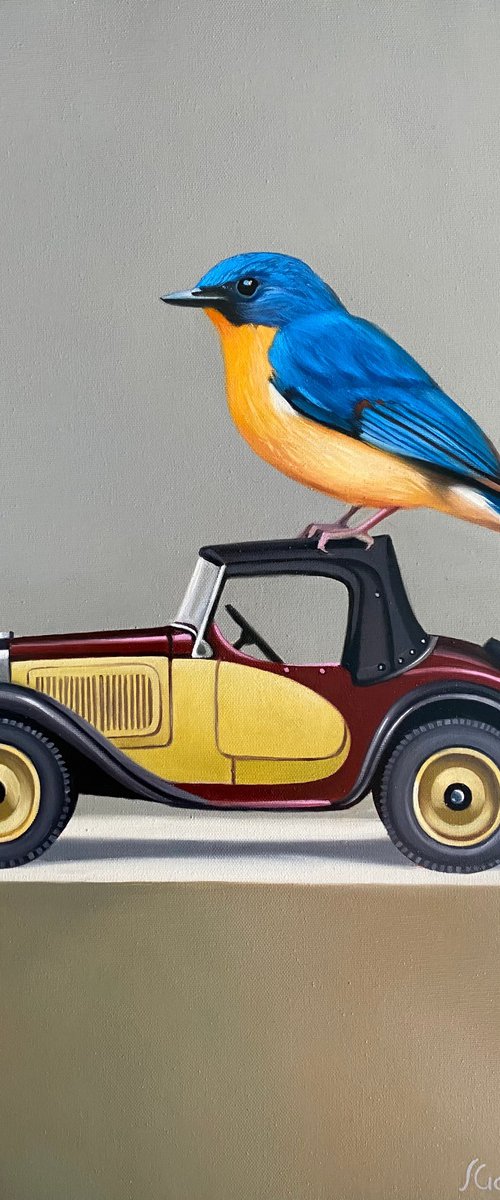 Still life with bird and 1931 American Austin Roadster by Ara Gasparian