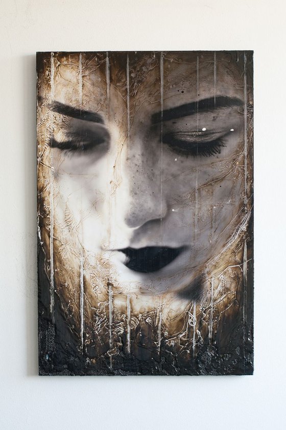 "Lonely world" (60x40x2cm) - Unique portrait artwork on wood (abstract, portrait, gouache, original, painting, coffee, acrylic, oil, watercolor, encaustics, beeswax, resin, wood, fingerpaint)