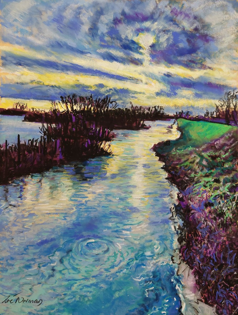 Impressionistic Landscape Pastel Drawing By Zoe Elizabeth Norman, 12 X 16", Peaceful Light On The Fens, Original Artwork