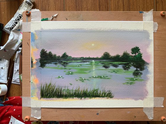 Water lily pond at pink sunset ! A4 Painting on paper