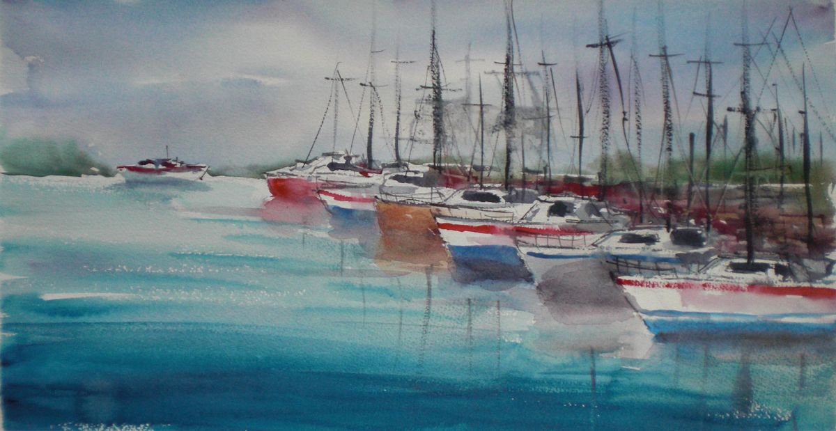 Expressive Landscape Watercolour By Giorgio Gosti, 18 X 9, Boats 6, Original Artwork