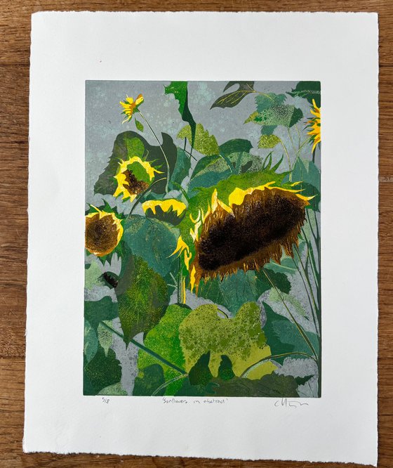 Sunflowers in Abstract Linocut Print