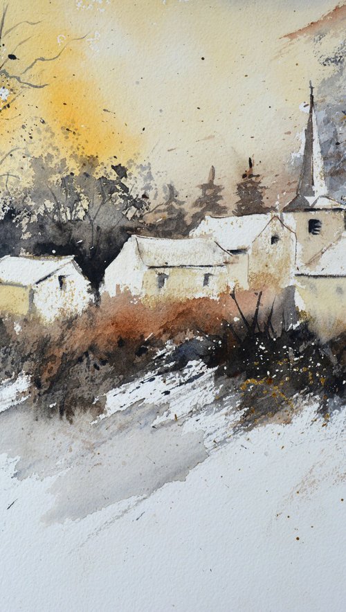 Village in winter-watercolor by Pol Henry Ledent