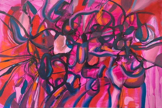 FULL ON- a large scale xxl dynamic red pink expressive abstract painting