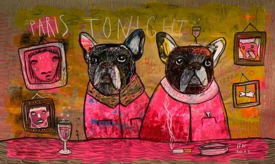 French bulldogs in Parisian café.