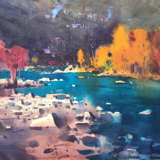 Autumn landscape with a river. Original watercolor painting large size. 55x55 cm