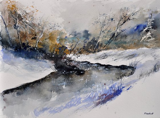 River in winter-watercolor