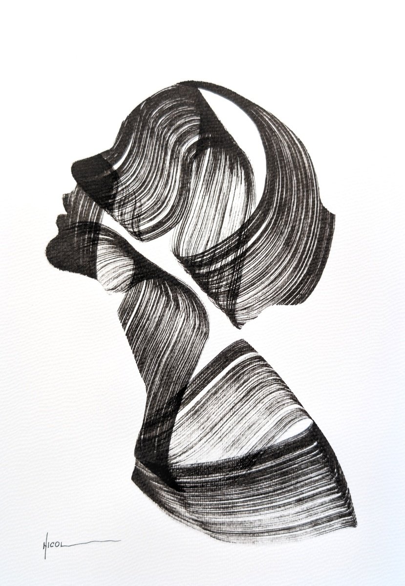 Expressive Portrait Ink Drawing By Nicol Vacaru, 11 X 15", She Who Remembers, Original Artwork
