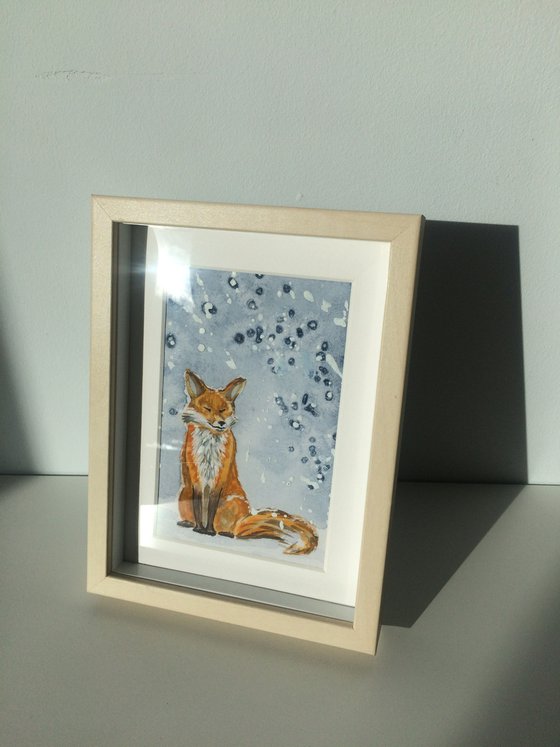 Fox portrait - Animal in winter forest - Small watercolor on canvas board - Framed artwork - Gift idea for animal lover