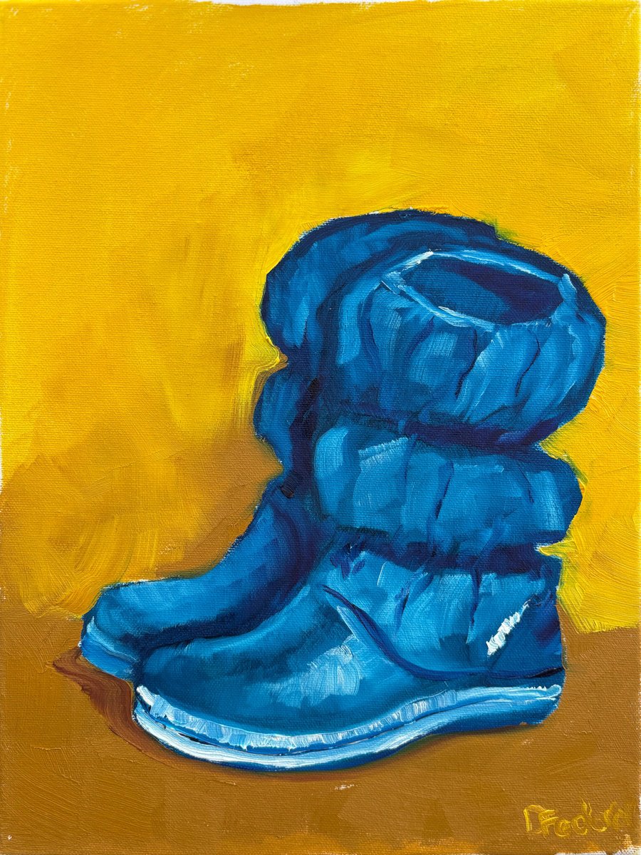Impressionistic Still Life Oil Painting By Dmitry Fedorov, 12 X 16, Blue Rubber Boots, Original Artwork
