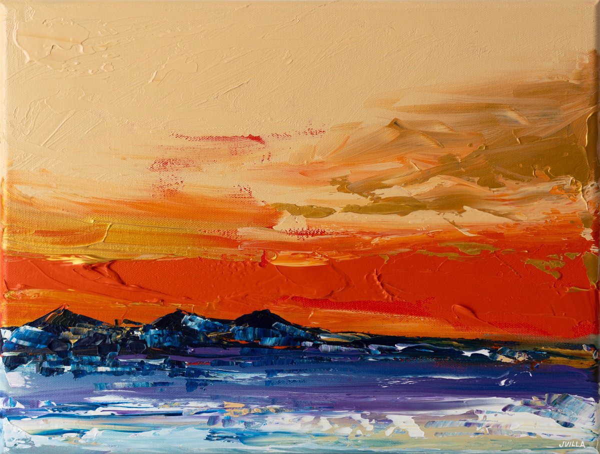 Impressionistic Landscape Acrylic Painting By Joseph Villanueva, 16 X 12", Horizon Ablaze, Original Artwork