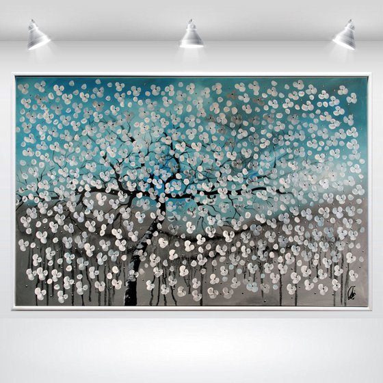 Blooming Silver  - Abstract Art - Acrylic Painting - Canvas Art - Framed Painting - Abstract Flower Painting - Ready to Hang
