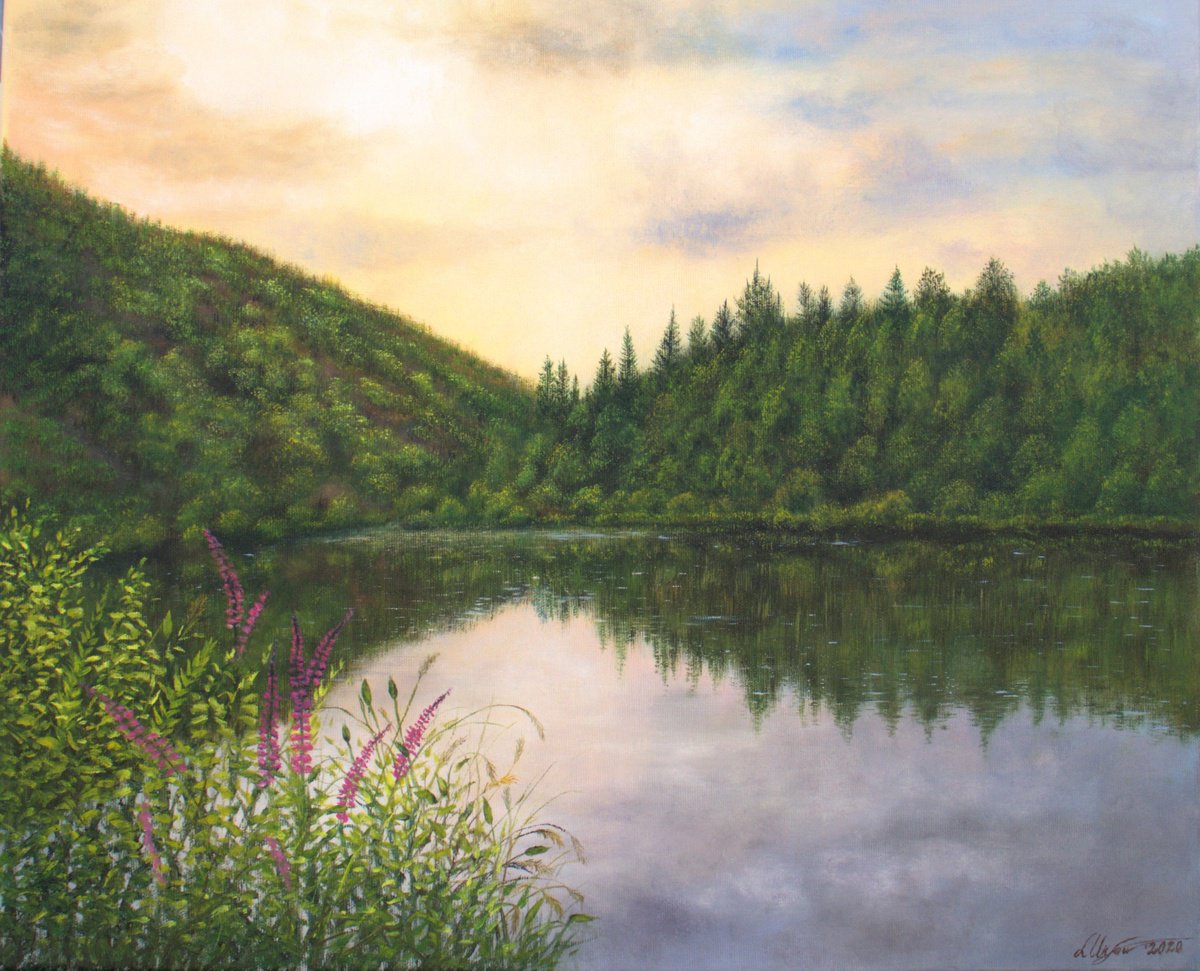 Photorealistic Landscape Oil Painting By Ludmilla Ukrow, 24 X 20", Sunset At The Lake, Original Artwork