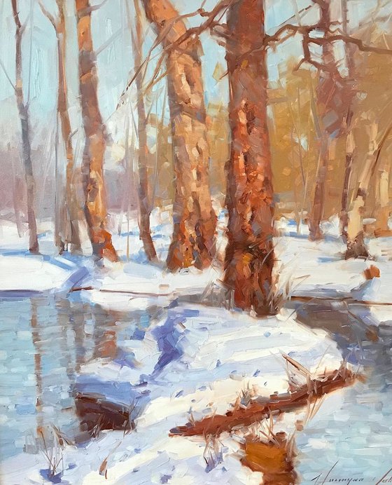 Sunny Winter, Landscape oil painting, One of a kind, Handmade artwork, Framed