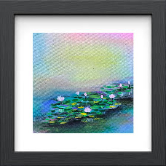 Another Water Lily Affair !! Abstract !! Small Painting !! Lily Pond !! mixed media painting !!