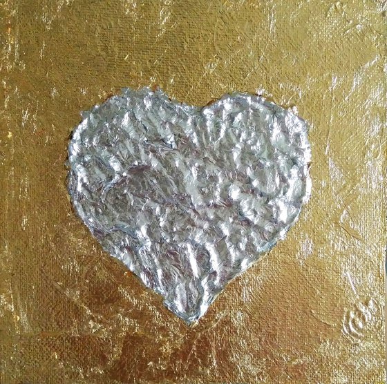 Silver Heart Painting Original Art Gold Leaf Artwork Impasto Mini Wall Art