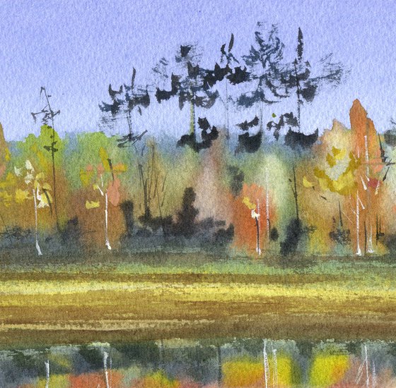 Original autumn landscape, watercolor painting with river and orange trees, reflections