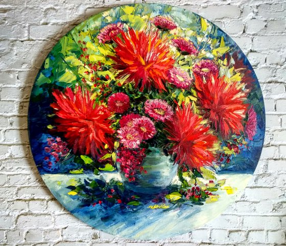 Bright Flowers Garden Bouquet of Asters and Daisies Textured Painting on Round Canvas