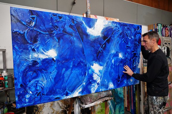 Sapphire Wash 190cm x 100cm Blue Ink Textured Abstract Art