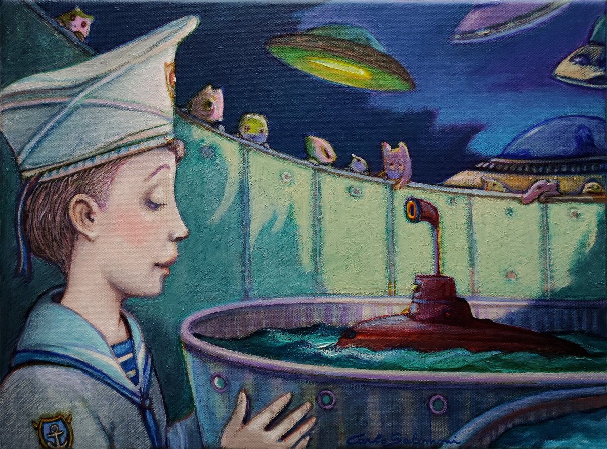 Surrealistic Portrait Acrylic Painting By Carlo Salomoni, 16 X 12, The Meeting, Original Artwork