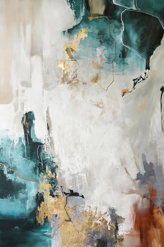 "Teal bloom" Emerald green gold abstract art