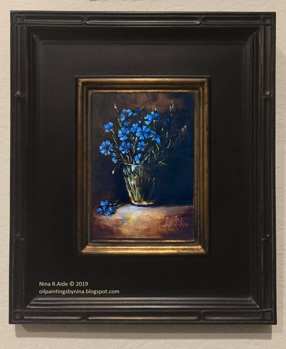 Blue Wildflowers in Glass Original Oil Painting Still Life Bachelor's Button