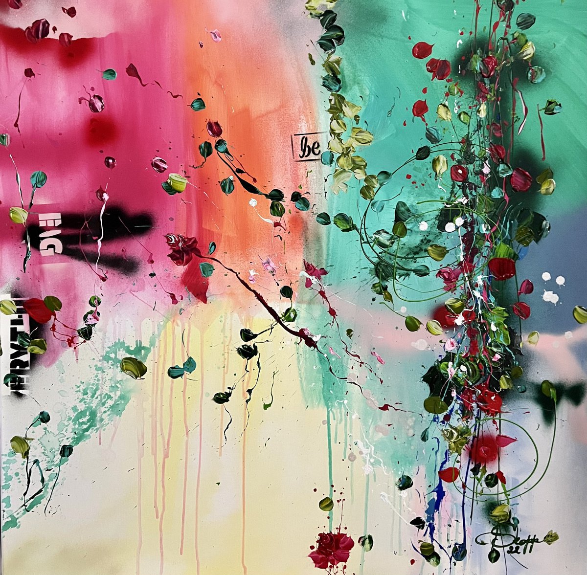 Square abstract acrylic artwork with flowers Awakening 100x100cm by Anastassia Skopp