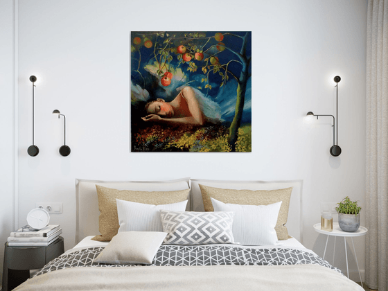 " Golden Silence " - 80 x 80cm Original Oil Painting - Angel -