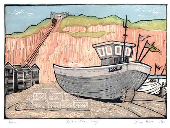 Boats at Rock-a-Nore, (Blue Boat). Limited Edition large linocut