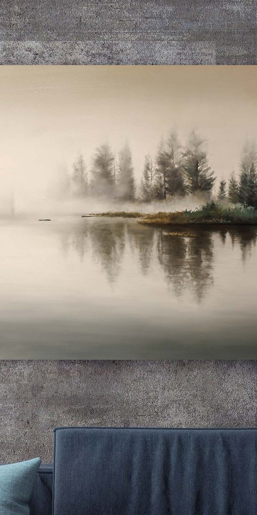 "River fog" River minimalist oil art by Mary Amur