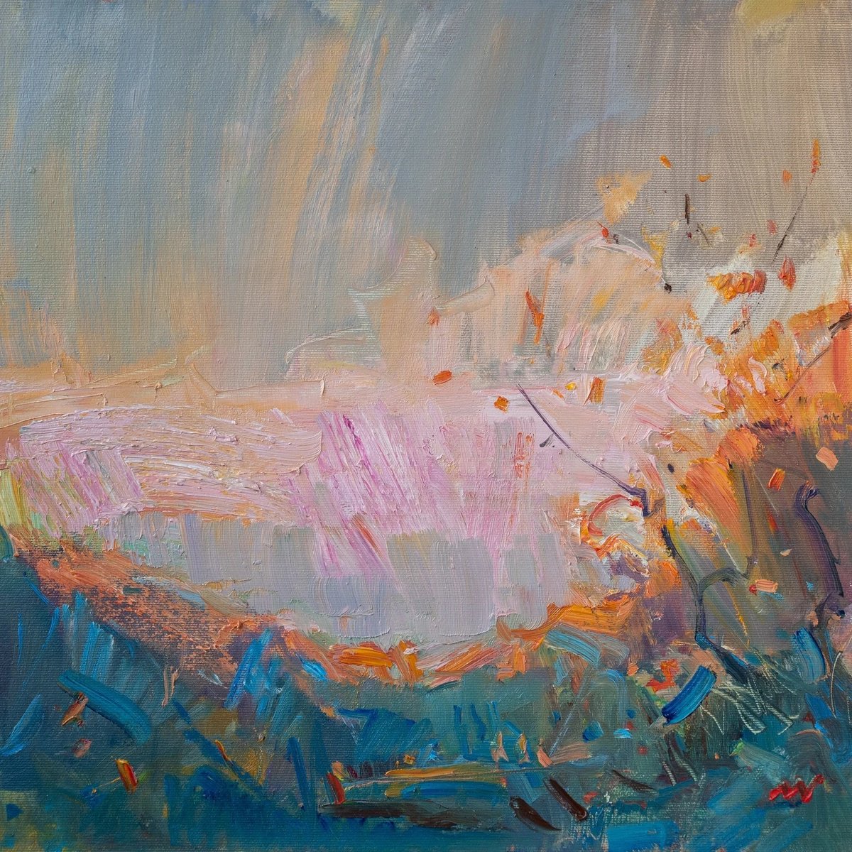 Expressive Landscape Oil Painting By Vasyl Moldavchuk, 16 X 16", Autumn Sunset, Original Artwork