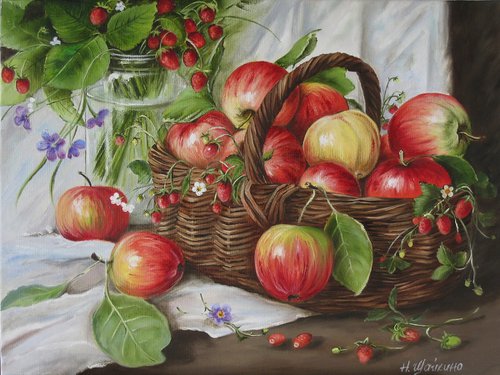 Still Life with Apples in a Rustic Basket by Natalia Shaykina