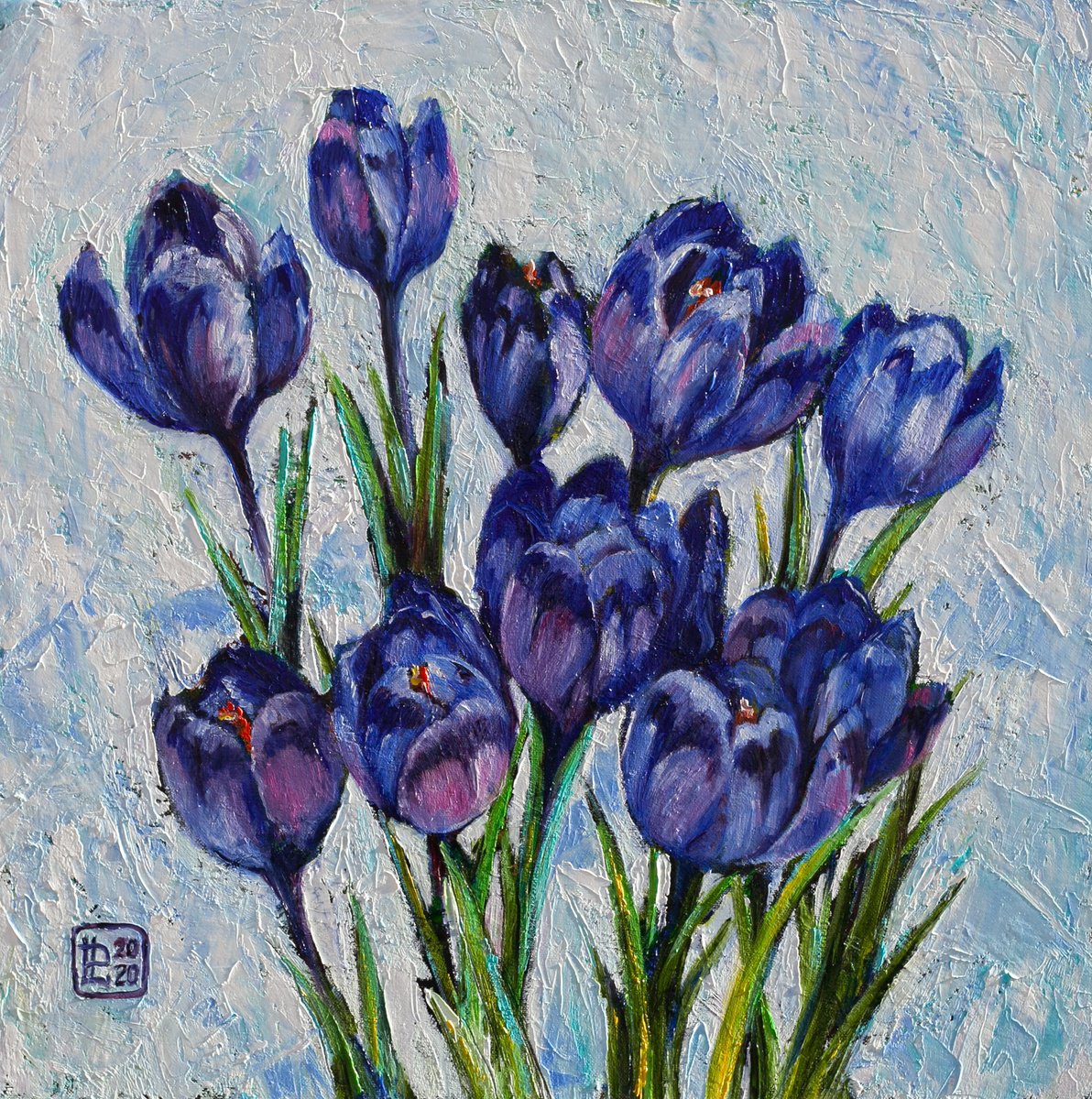Impressionistic Botanical Oil Painting By Liudmila Pisliakova, 16 X 16", Crocuses, Original Artwork