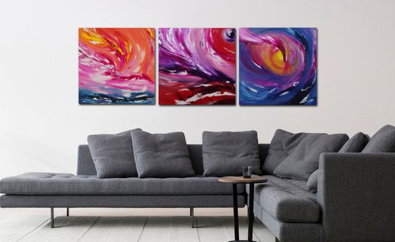 Fairy tale, Full Series  - Triptych n° 3 Paintings, Deep edges, Original abstract, oil on canvas