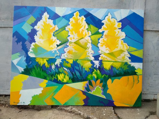 Three trees (60x80cm, cubism, oil painting, ready to hang)