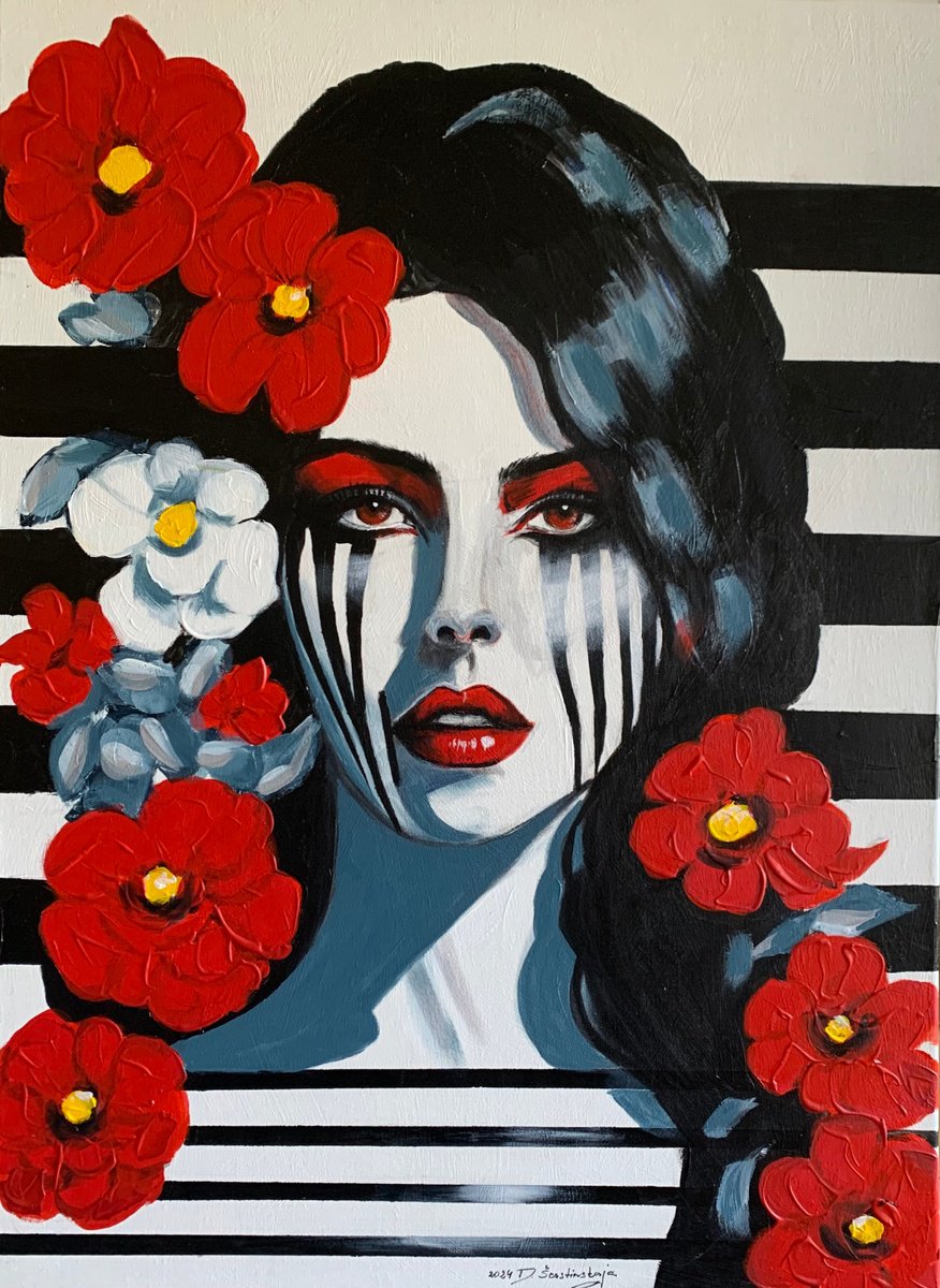 Surrealistic Portrait Acrylic Painting By Danguole Serstinskaja, 20 X 28, A Floral Enigma, Original Artwork